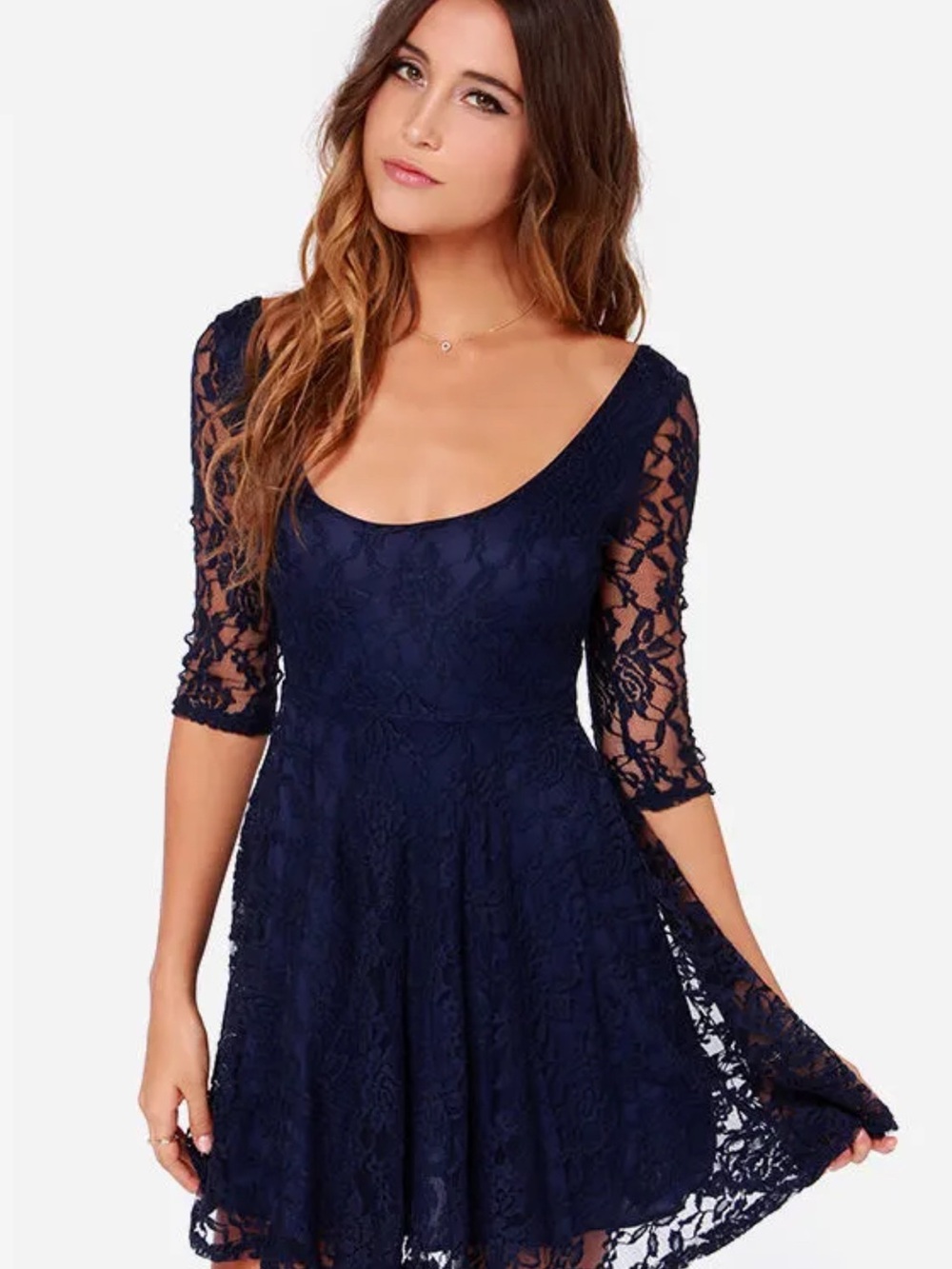 Navy Lace Scoop Neck Fit & Flare Dress - Women